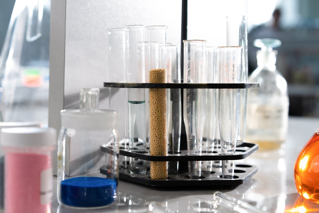 Close-up of laboratory glassware in a scientific research setting.